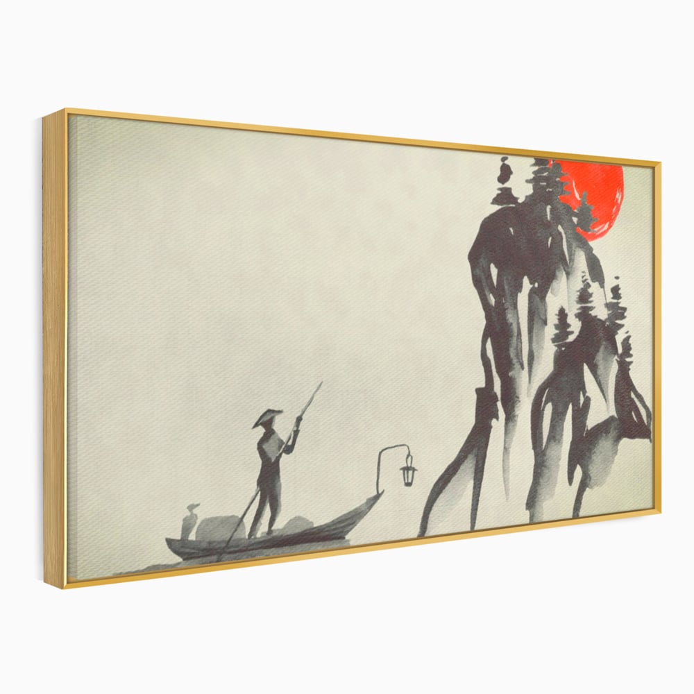 Tablou canvas cu pictura minimalista cu pescar si soare rosu, in rama de aluminiu auriu